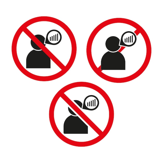 No talking icons Speech with chart symbols Red prohibition signs Communication banned