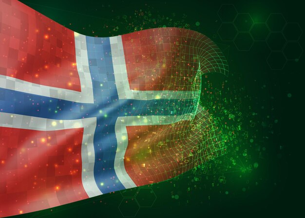 norway, vector 3d flag on green background with polygons and data numbers