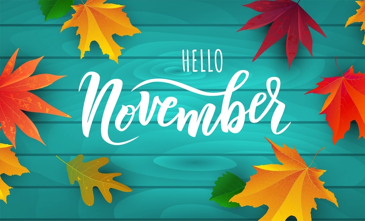Vector november text. hand lettering typography with bright autumn leaves.