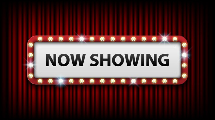Vector now showing with electric bulbs frame on red curtain background