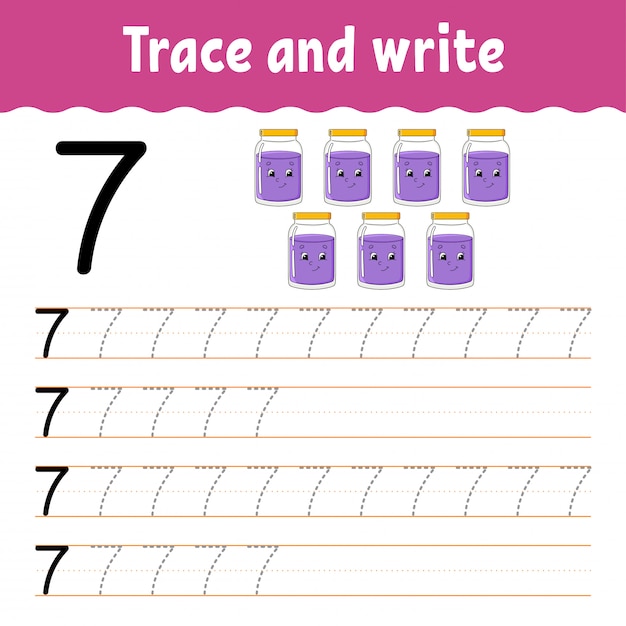 Number 7. Trace and write. Handwriting practice. Learning numbers for kids. Education developing worksheet.