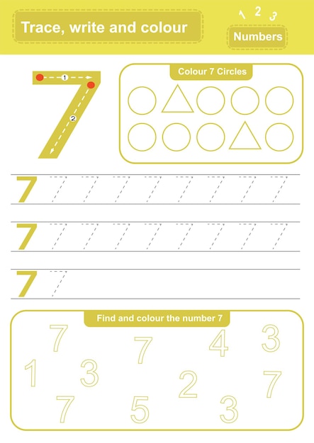 number 7 trace color and count worksheet