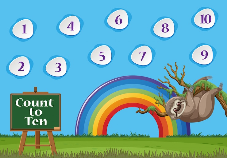 Vector number one to ten with blue sky and colorful rainbow background
