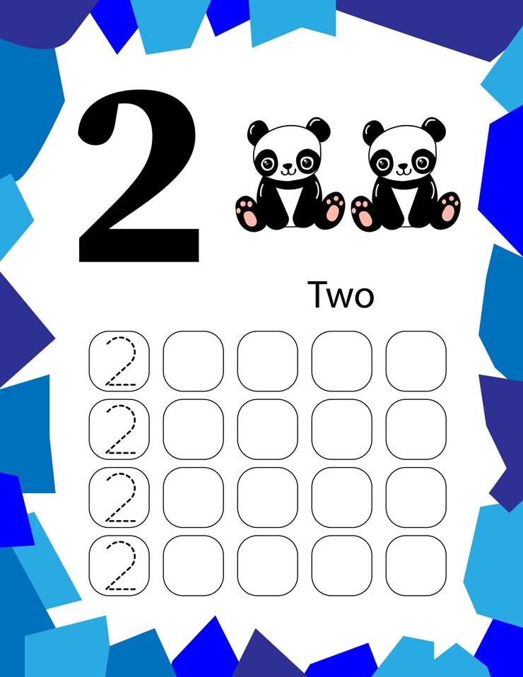 Vector numbers tracing worksheet by counting baby panda number 2