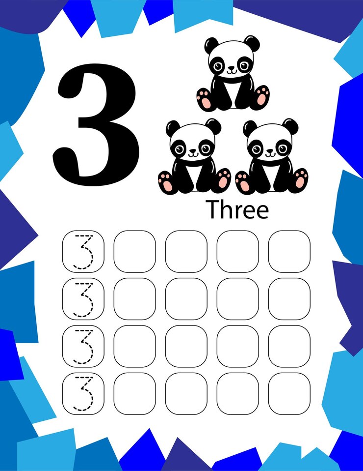 Vector numbers tracing worksheet by counting baby panda number 3