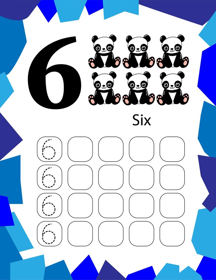 Vector numbers tracing worksheet by counting baby panda number 6