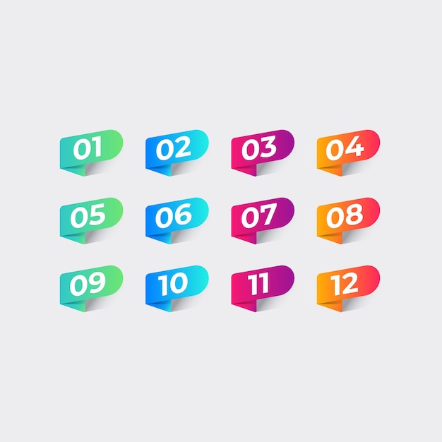 numbers vector labels bullet point set with various gradients