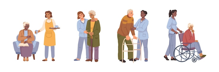 Vector nurses caring for senior people in nursing home