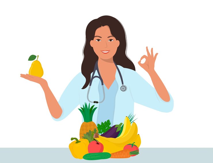 Vector nutrition therapy with healthy food and physical activity vector illustration in cartoon style