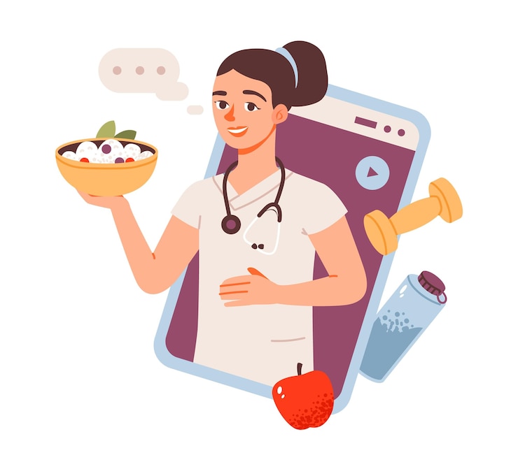 Vector nutritionist online consultation and therapy doctor on the phone flat vector illustration