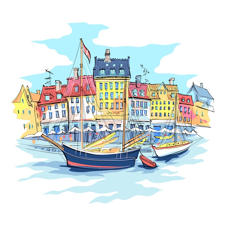 Vector nyhavn, copenhagen, denmark.
