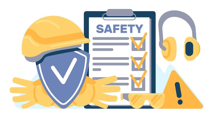 Vector occupational safety health and environmental protection protective helmet and glasses yellow gloves and headset labor safe industrial rules list security shield vector concept