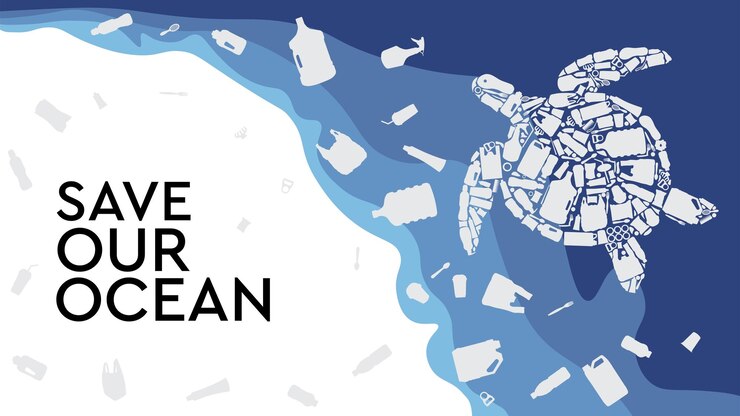 Vector ocean plastic pollution with sea animal page template icon vector illustration
