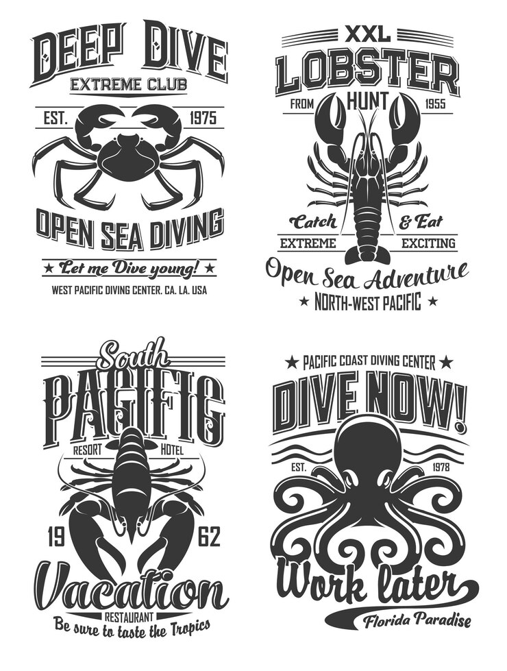Vector octopus crab and lobster logo cafe diving club
