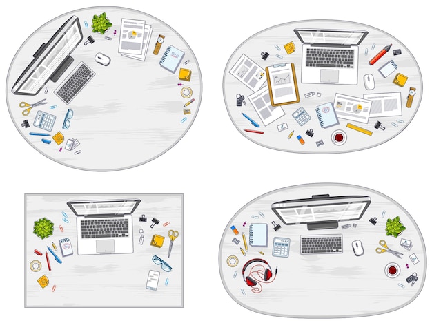 Office desks workspaces top view with PC and laptops  and diverse stationery objects for work, overhead look. All elements are easy to use separately or recompose the illustrations. Vector set.