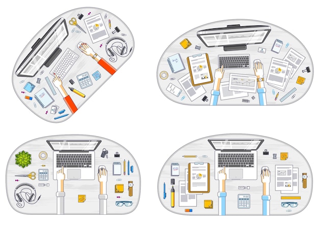Office employees or entrepreneurs work desks workplaces with hands and PC computers and diverse stationery objects for work, top view. All elements are easy to use separately. Vector set.
