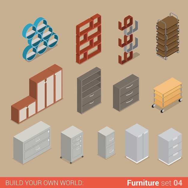 Office furniture set cupboard folder book shelf storage closet cabinet chest element flat Creative interior objects collection.