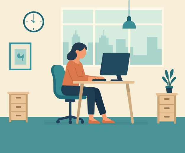 Office interior with women working on computer vector illustration