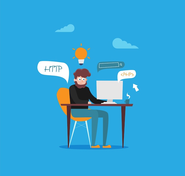 Office worker sitting and working at her desktop computer in the flat style vector