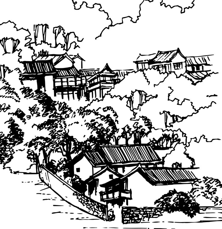 Old  asian countryside. Hand drawn sketch.
