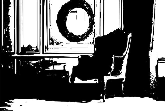 old chair and a mirror on the background of vintage wall