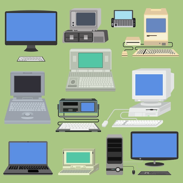 old retro vintage vector computer pc monitor and tv screen. classic antique technology old-style business personal computer equipment. pc retro desktop hardware communication screen and keyboard
