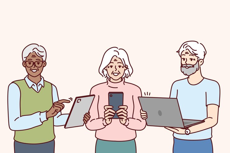 Vector older people use gadgets and learn digital literacy and internet surfing through phone or laptop