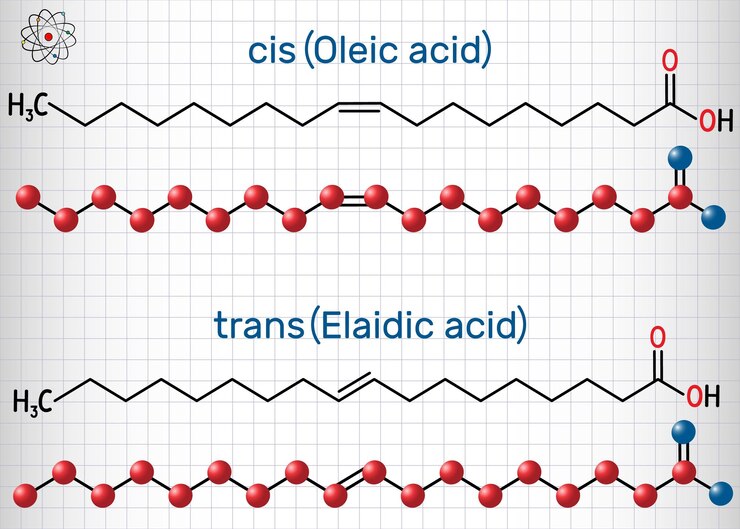 Vector oleic acid cis and elaidic acid trans omega9 fatty acid isomers structural formula molecule model
