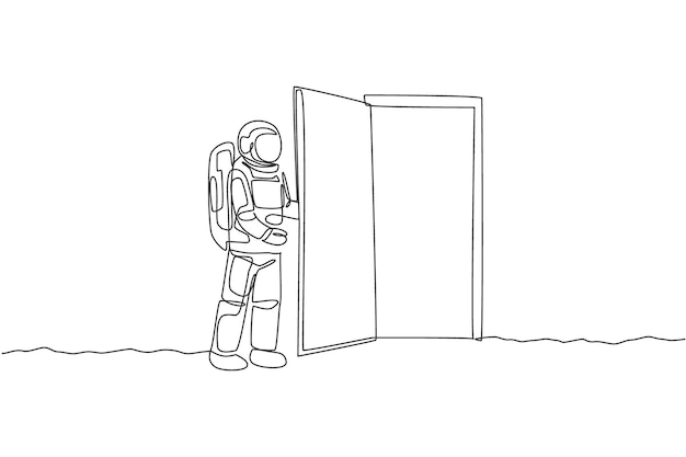 one continuous line drawing of astronaut opening door gate into another dimension in galaxy space
