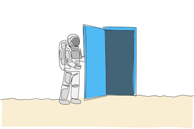 one continuous line drawing of astronaut opening door gate into another dimension in galaxy space