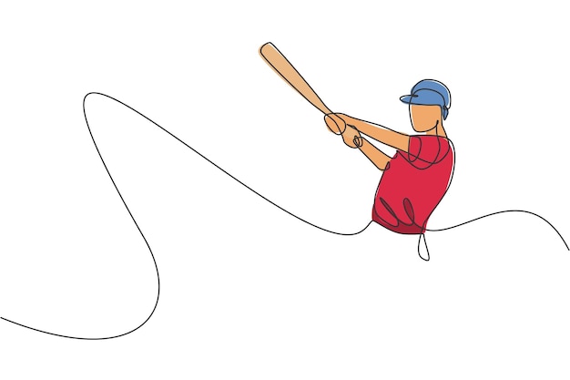 one continuous line drawing of sporty man baseball player seriously practice at arena design vector