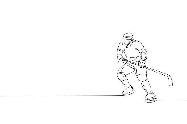 one continuous line drawing of young professional ice hockey player practicing on ice rink stadium