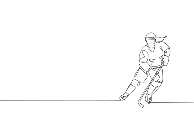 one continuous line drawing of young professional ice hockey player practicing on ice rink stadium