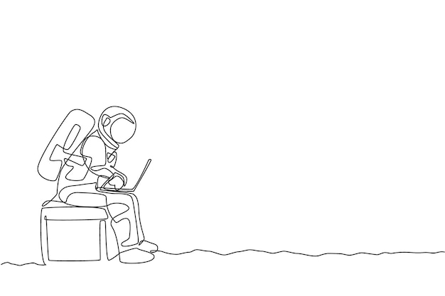 One continuous line drawing spaceman on spacesuit siting on chair while typing in laptop vector