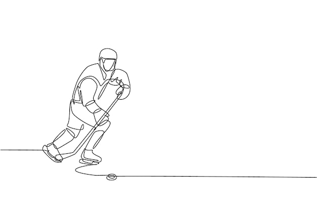 one continuous line drawing young professional ice hockey player exercising on stadium extreme sport