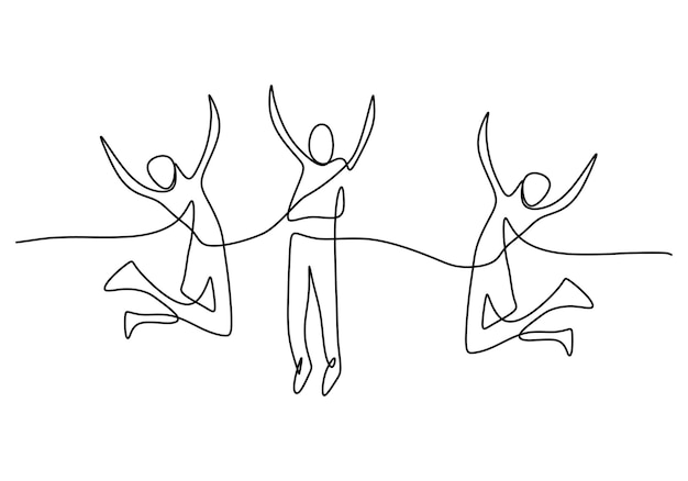 One continuous single line of happy people jumping isolated on white background