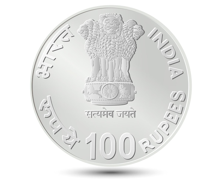 One hundred Rupees coin of India. Coin side isolated on white background. Vector.