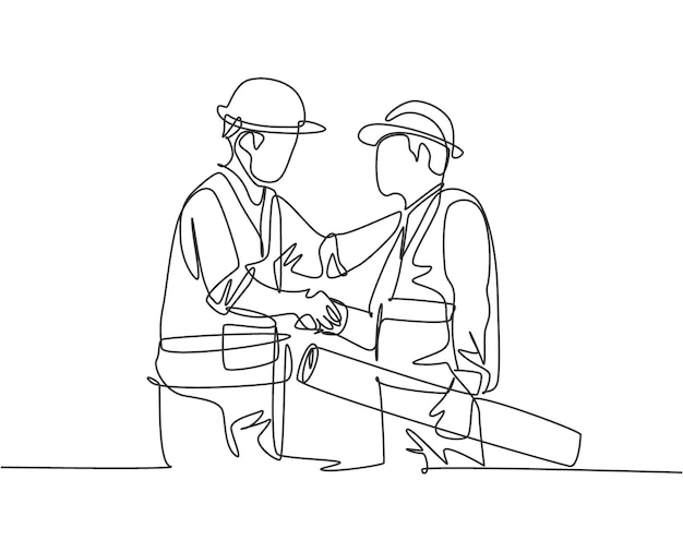 One line drawing of architect holding on a roll paper and builder foreman wearing vest and helmet