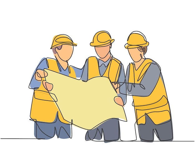 one line drawing of builder and architect wearing construction vest and helmet looking for building