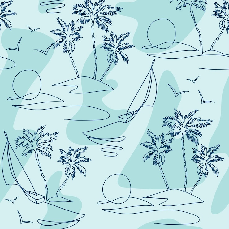One line drawing tropical oasis island seamless pattern
