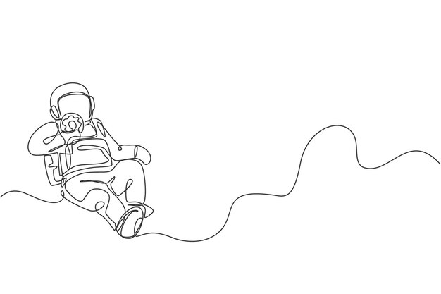 One single line drawing of astronaut flying in cosmos galaxy while eating sweet sugar donut vector