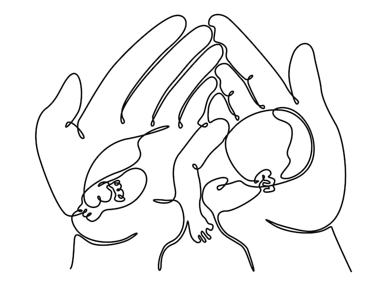 Vector one single line drawing of beautiful newborn baby leaning on mother039s hand little newborn baby