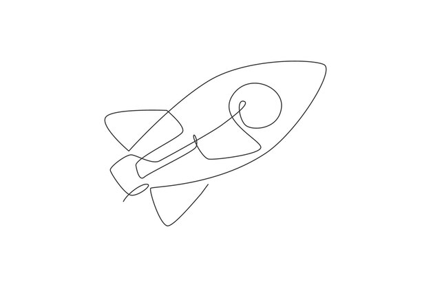 One single line drawing of simple vintage rocket takes off into the outer space vector exploration