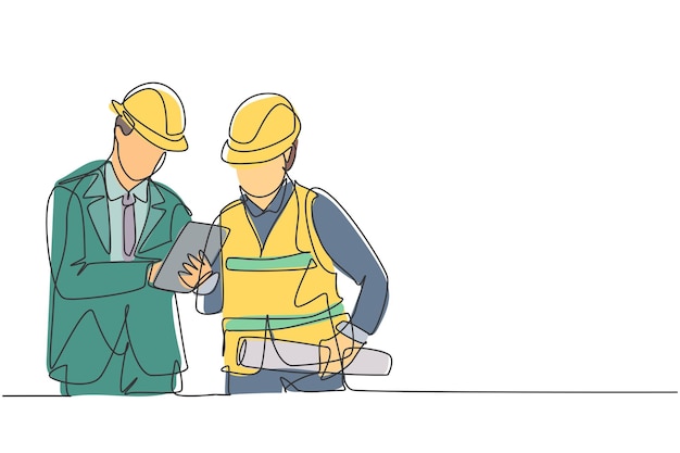 one single line drawing of young construction manager do short brief to builder coordinator vector