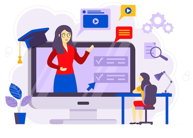 Online courses vector illustration Flat person learn virtual concept Modern knowledge development using internet training teaching Webinar and distance lesson service Web presentation video