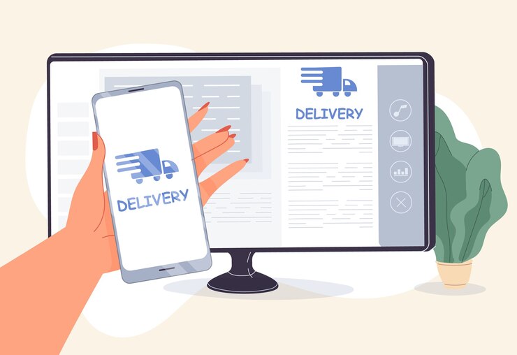 Vector online delivery mobile application development. woman hand holding smartphone front of computer screen monitor. cargo freight to door transpiration service by truck, courier. tracking app on phone
