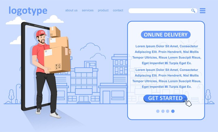 Vector online delivery service web banner template courier delivering parcel box
