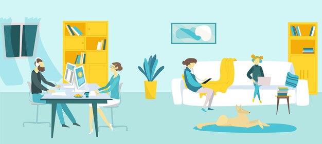 Online education at home vector illustration Family character learning at home with computer laptop School study by internet