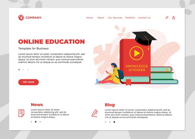online education course landing page template. e-learning web design mock up with student female and many books. remote learning and internet studying knowledge webinar vector concept illustration