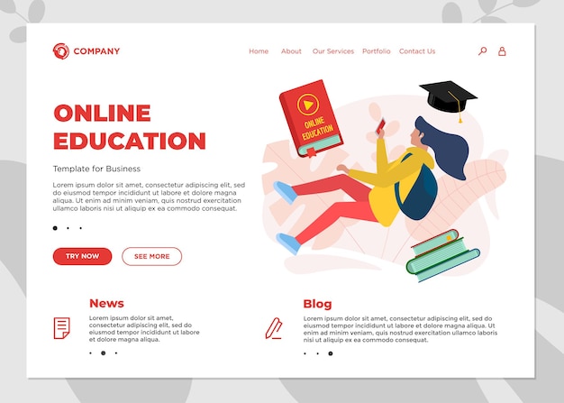 online education course landing page template. e-learning website mockup with student teenager female and play video sign on cover book. remote learning and internet studying knowledge webinar concept